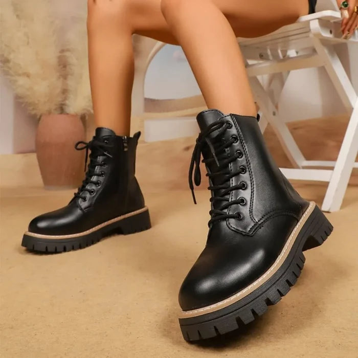 Lace Up Leather Combat Boots with Chunky Sole