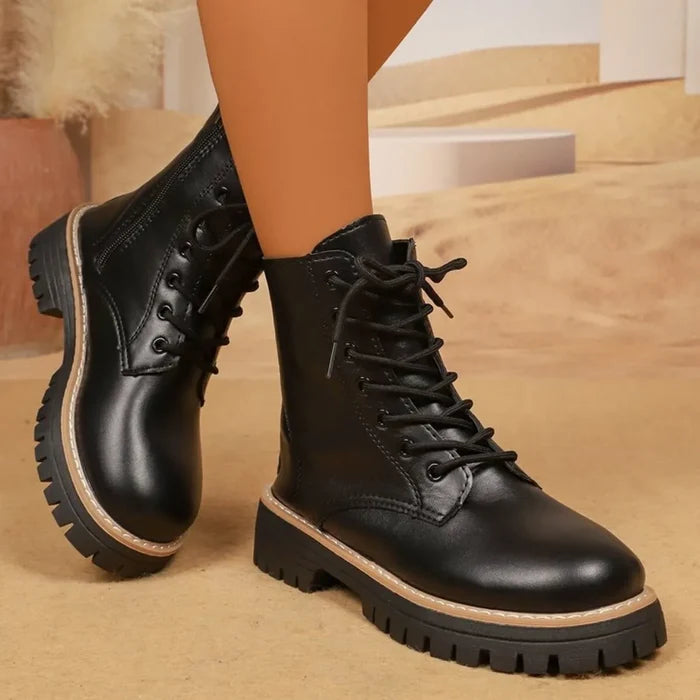 Lace Up Leather Combat Boots with Chunky Sole