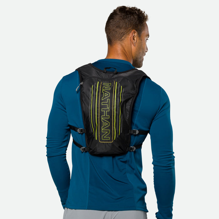 color:Black/High Vis Yellow||seo:Nathan Laser Light 3L Hydration Pack – Black/High Vis Yellow – On Model – Back View