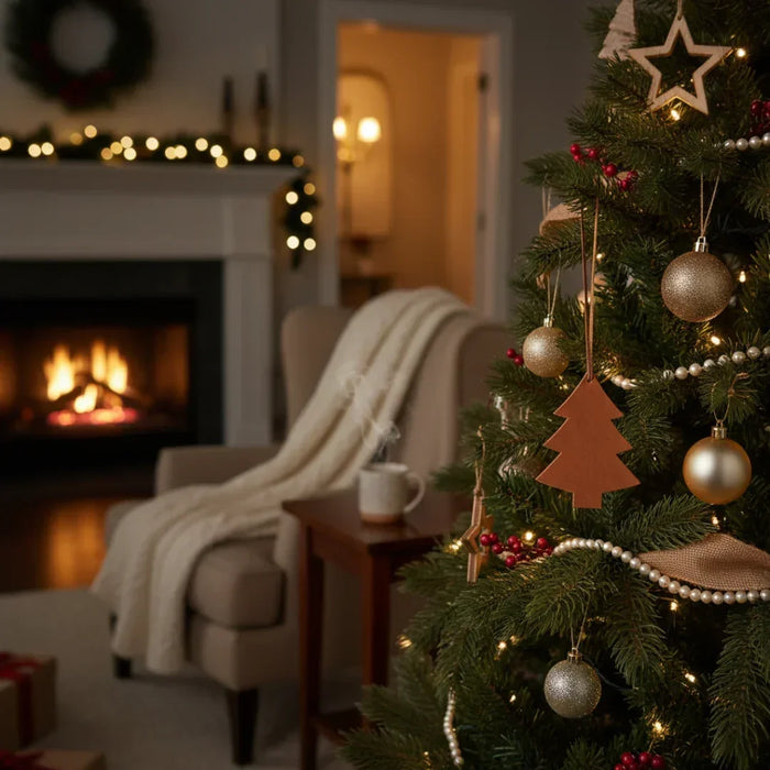 Decorated Christmas tree in a cozy living room with a fireplace and armchair. #color_tan