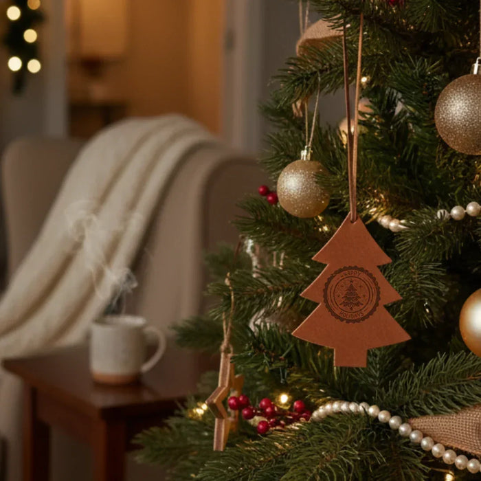 Decorated Christmas tree with ornaments in a cozy living room setting. #color_tan