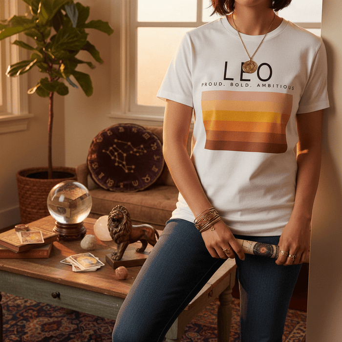 light blue t-shirt with bold leo zodiac graphic design