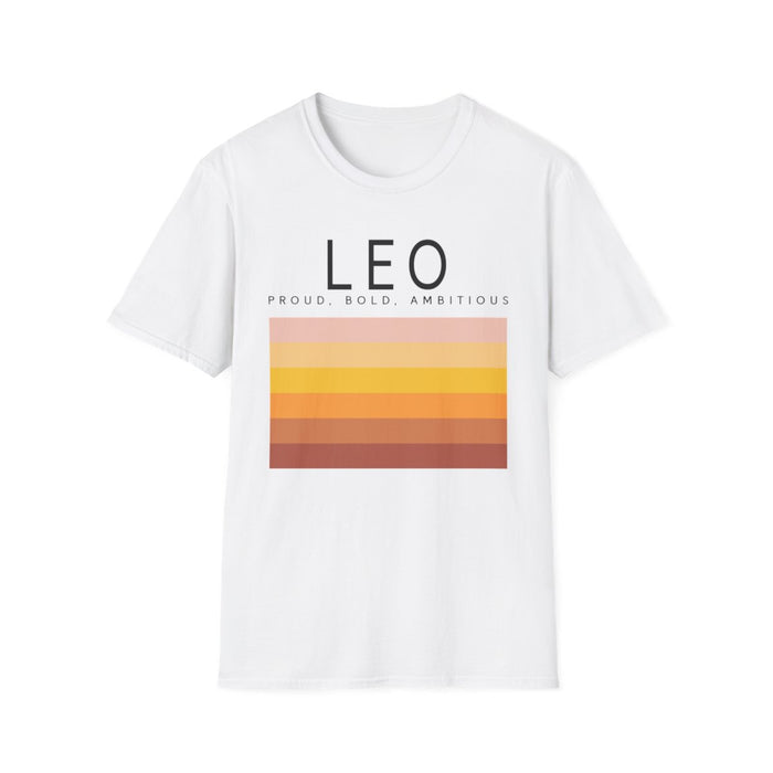 white t-shirt with modern leo zodiac sunset artwork front print