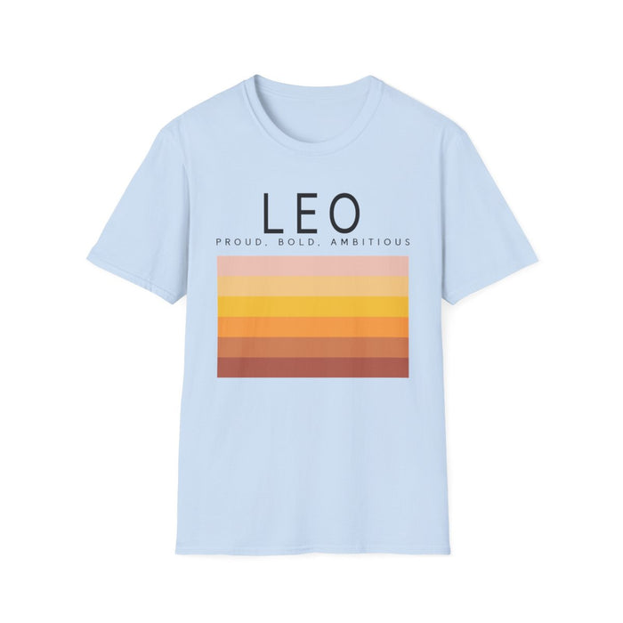 light blue t-shirt displaying leo zodiac design worn casually