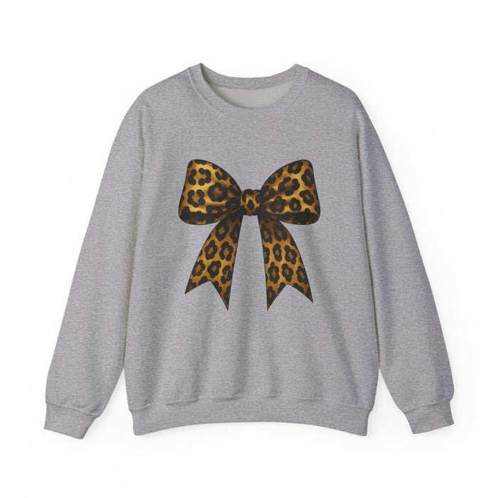 white sweatshirt featuring feminine leopard bow graphic