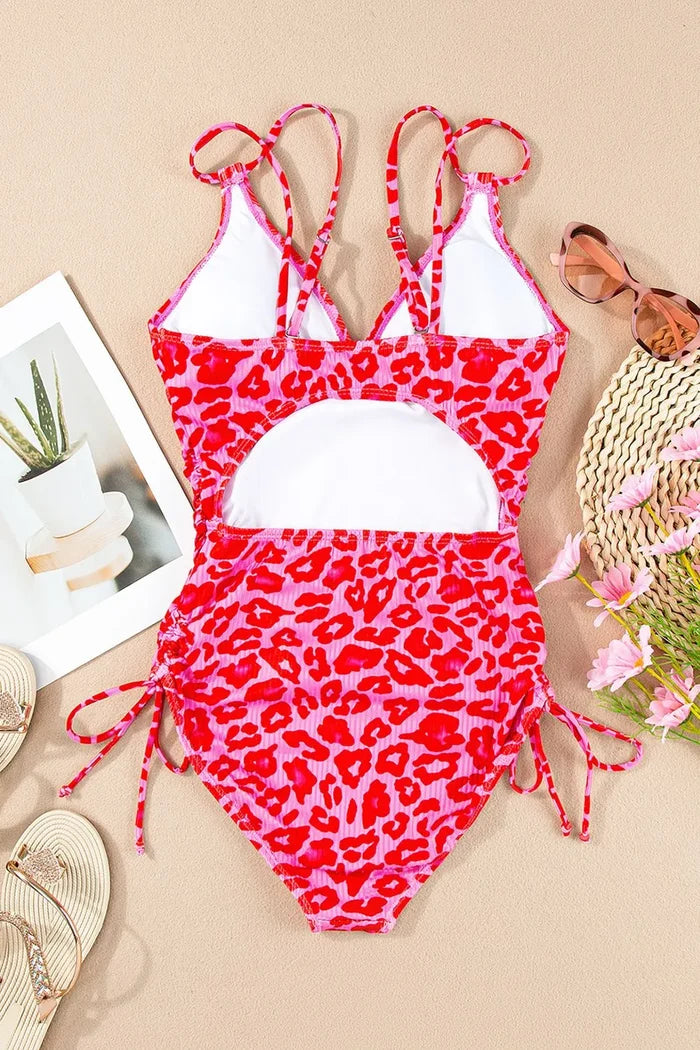 Leopard Cutout Ribbed Side Drawstring One-Piece Swimsuit