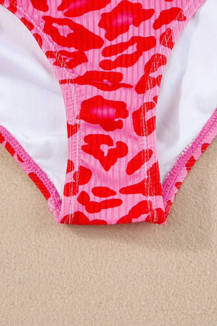 Leopard Cutout Ribbed Side Drawstring One-Piece Swimsuit