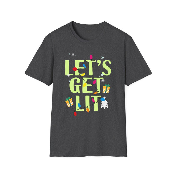 red t-shirt with playful let's get lit holiday graphic