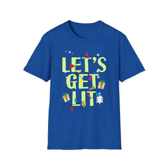 black t-shirt with let's get lit christmas funny print