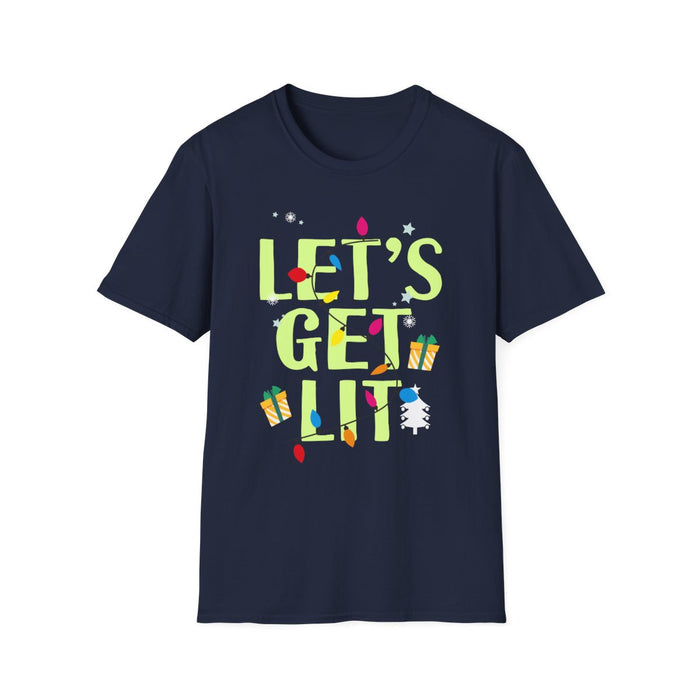 royal blue t-shirt with let's get lit festive design