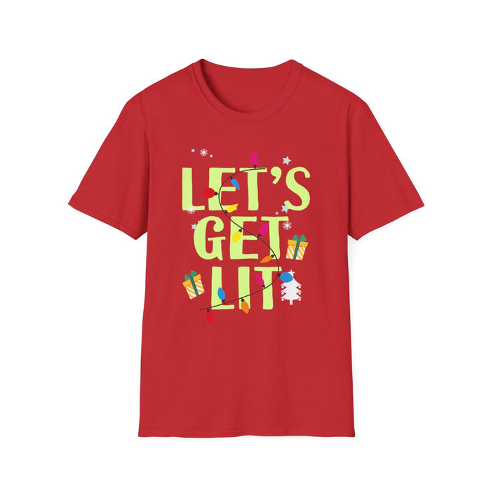 dark heather t-shirt with let's get lit christmas slogan