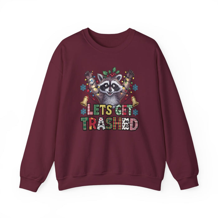 maroon sweatshirt with let's get trashed raccoon funny Christmas design