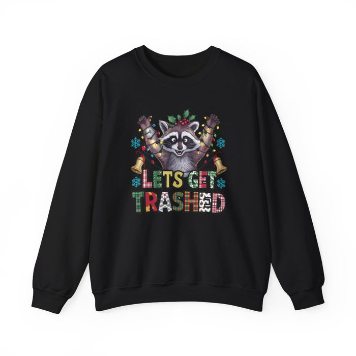 navy sweatshirt with trashed raccoon holding beer bottle Christmas graphic
