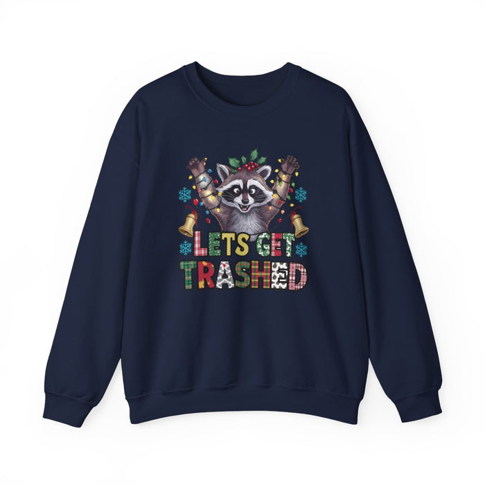 black sweatshirt with funny dumpster raccoon Christmas holiday print