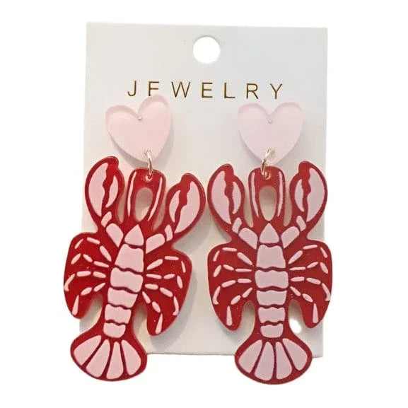 red lobster dangle earrings with pink heart accents fun party jewellery