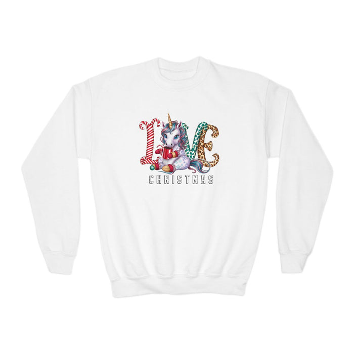 white youth sweatshirt with love Christmas unicorn graphic design for kids