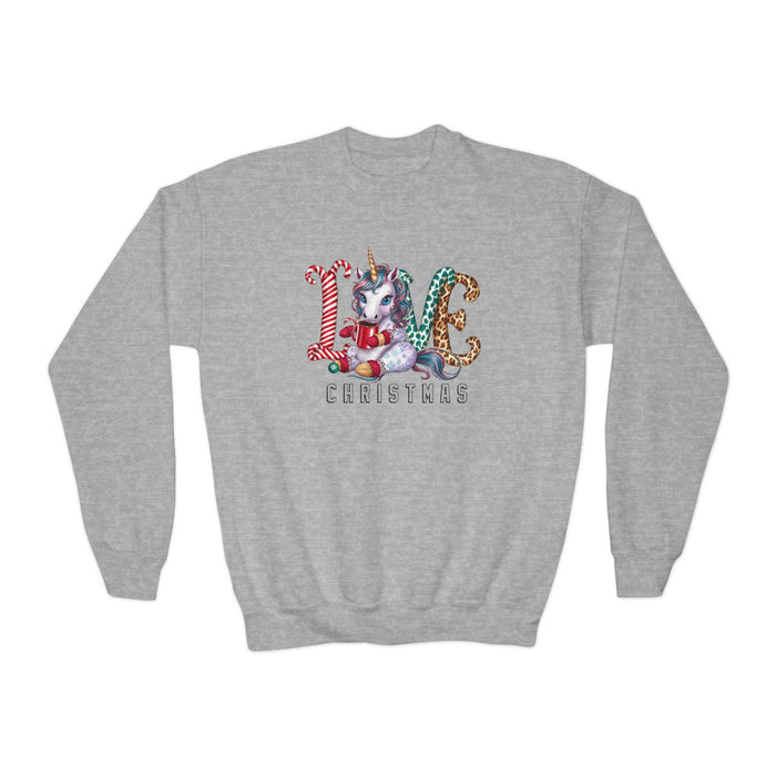 sport grey youth sweatshirt with colorful unicorn and festive love Christmas design