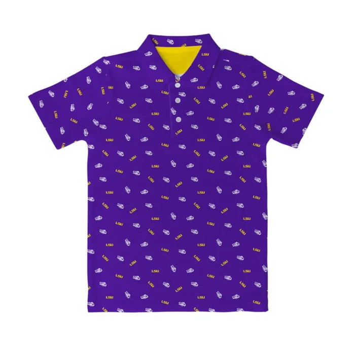 Purple LSU Repeat Logo Performance Polo featuring Tigers Eye design, short sleeves, and lightweight moisture-wicking fabric.