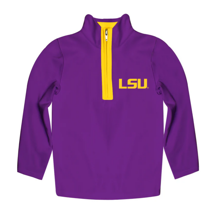 Purple LSU Tigers fleece quarter zip featuring embroidered LSU logo, soft fleece fabric, and official team colors.