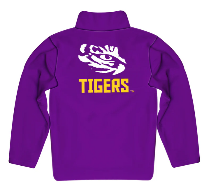 back of purple quarter zip with tigers eye and tigers
