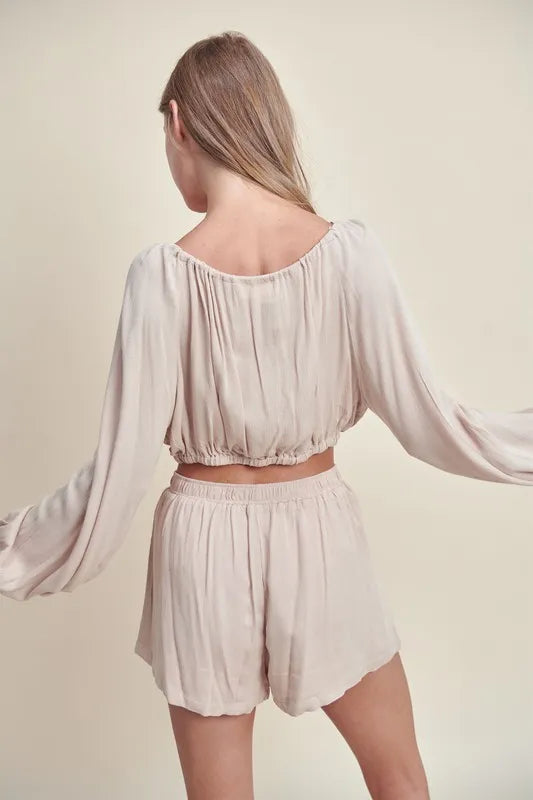 MABLE Gauze Long Sleeve Button Crop Top and Short Set