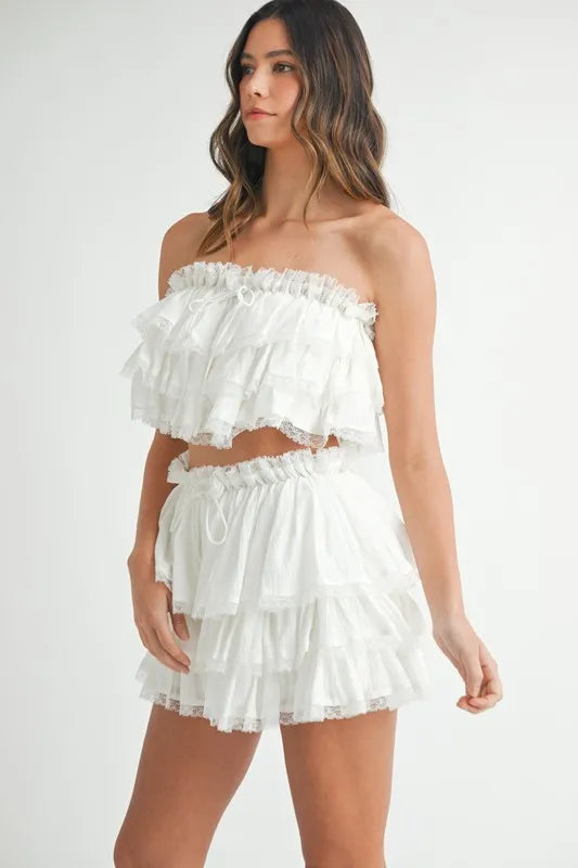 MABLE Ruffle Layered Crop Top and Mini Skirt Set