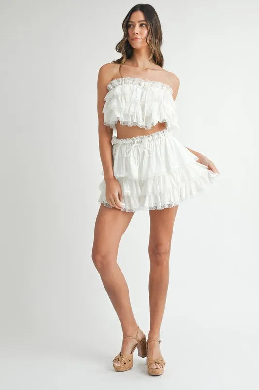 MABLE Ruffle Layered Crop Top and Mini Skirt Set
