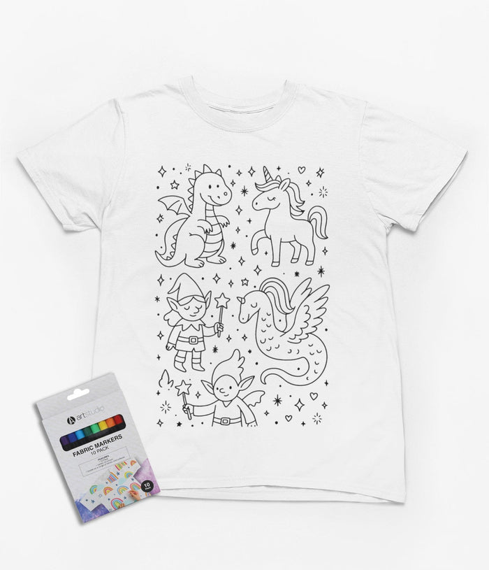 white kids t-shirt with magical creatures colour-in design featuring dragons, unicorns and fairies
