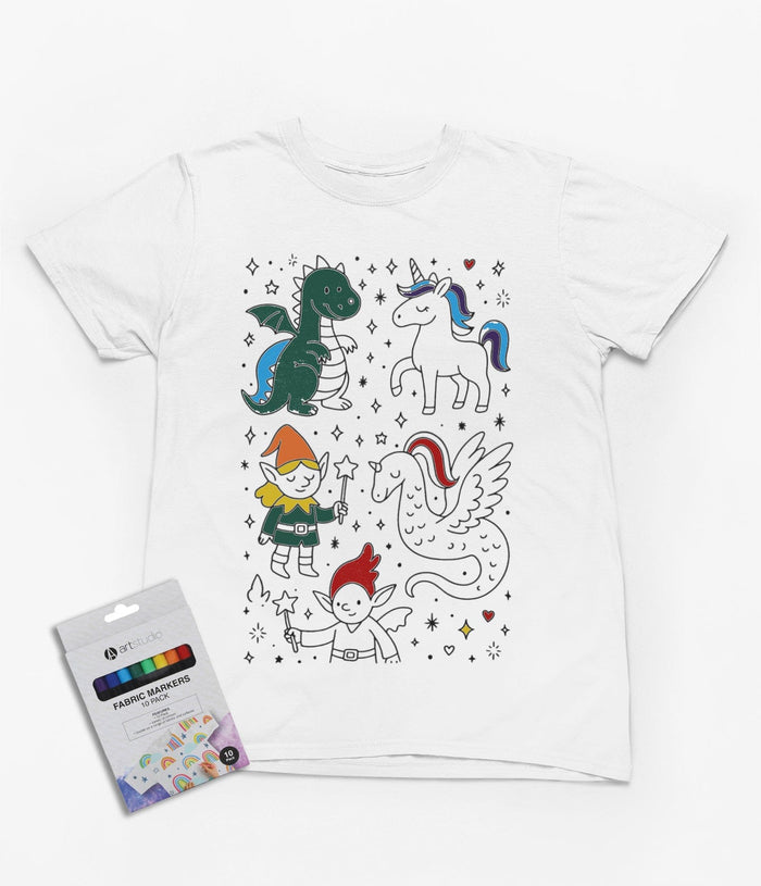 black kids t-shirt with magical creatures colour-in design featuring dragons, unicorns and fairies