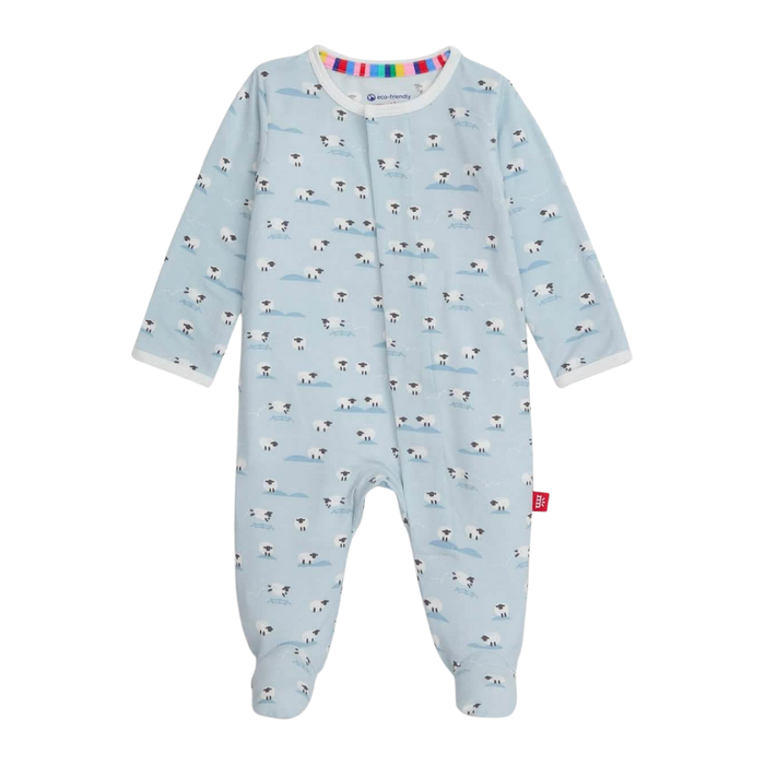 Blue sheep print baby modal footie with long sleeves and built-in feet on white background