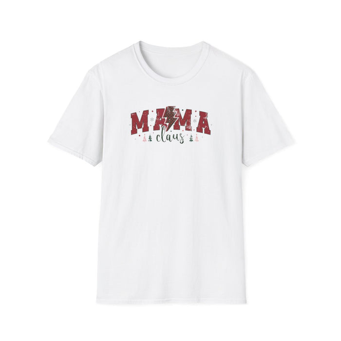 white t-shirt with Mama Claus festive text and holiday graphic