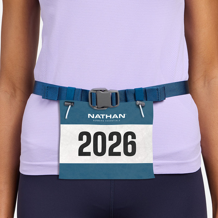 color:Sailor Blue/Light Blue||seo:Nathan Marathon Waist Pack 3.0 - Sailor Blue/Light Blue - On Model - Race Number Bib Holder with for Marathons & Triathlons