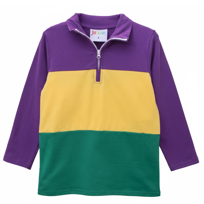 A purple, green, and yellow striped Mardi Gras colorblock 1/4 zip  pullover