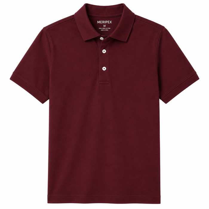 Boys burgundy short sleeve Pima cotton polo shirt with collar and button placket on white background