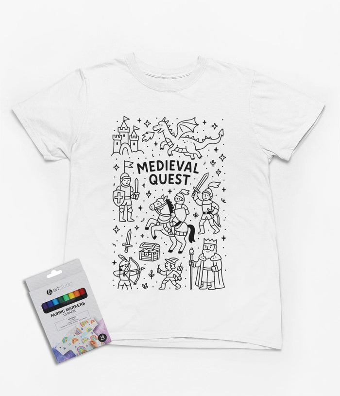 white t-shirt with medieval quest colour-in design featuring knights and dragons for kids