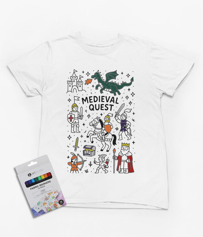cream t-shirt with castles kings and dragons colour-in medieval adventure design