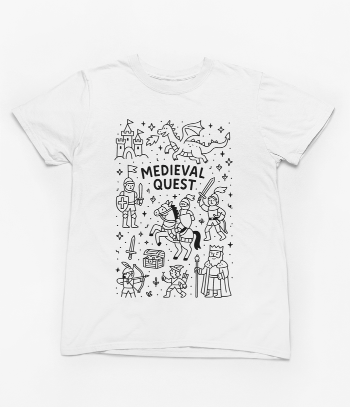 light blue kids t-shirt with medieval quest colour-in knights and dragons graphic