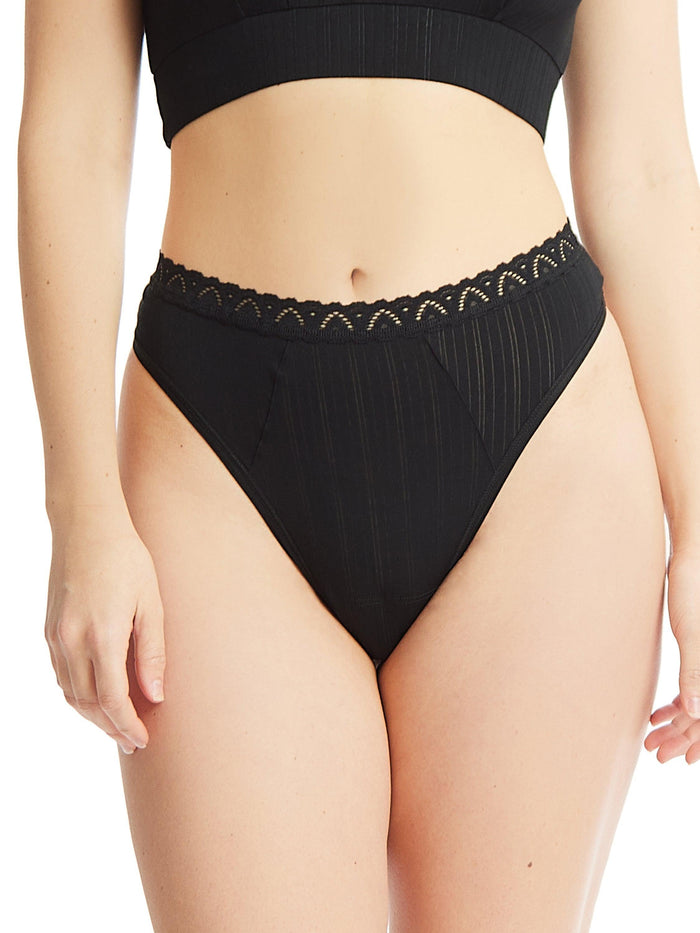 Black MellowLuxe™ High Cut Thong - Front On-Model, Lace Waistband, High Rise Thong | Hanky Panky
