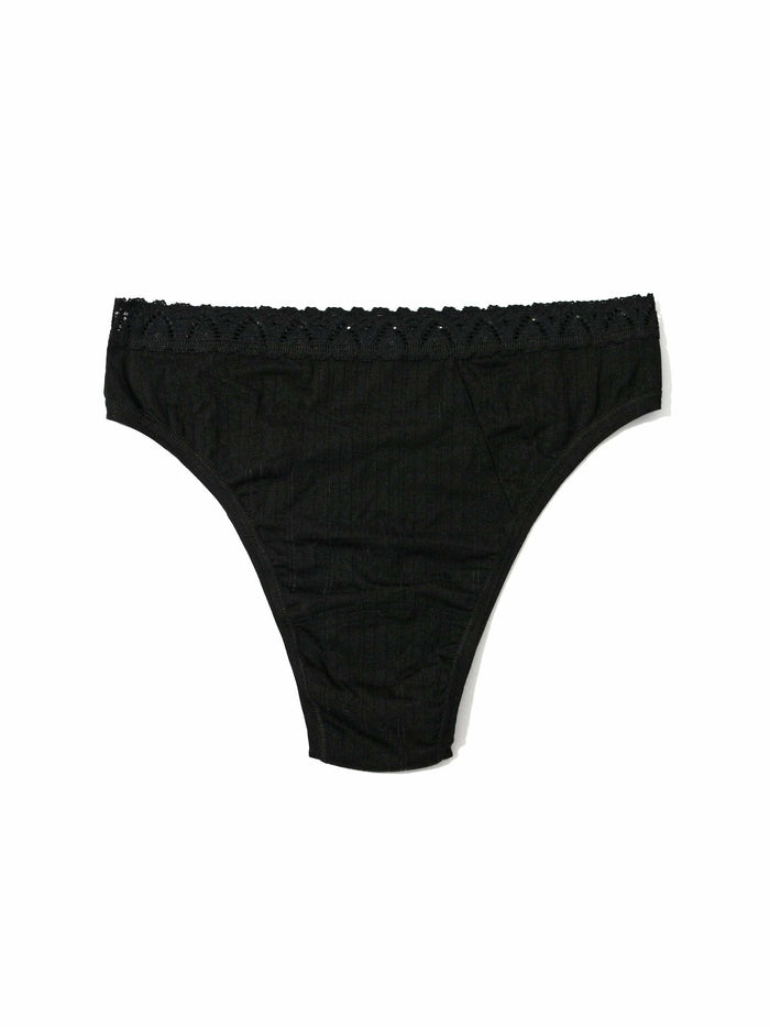 Black MellowLuxe™ High Cut Thong - Flat Lay, Ribbed Fabric & Scallop Lace Waistband | Hanky Panky