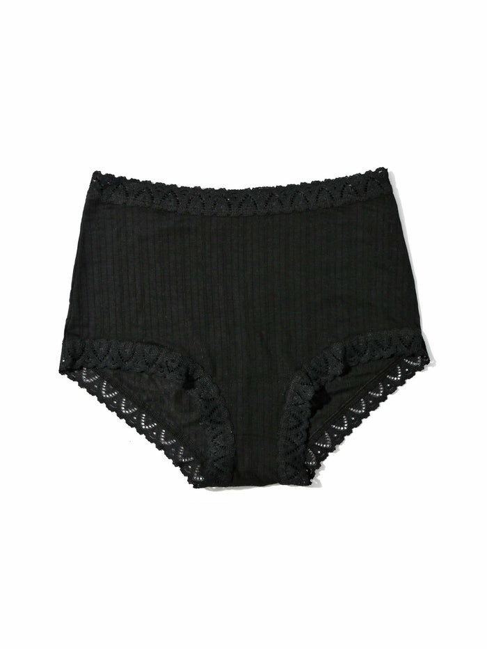Black MellowLuxe™ High Rise Boyshort ribbed fabric with lace trim - Flat Lay | Hanky Panky