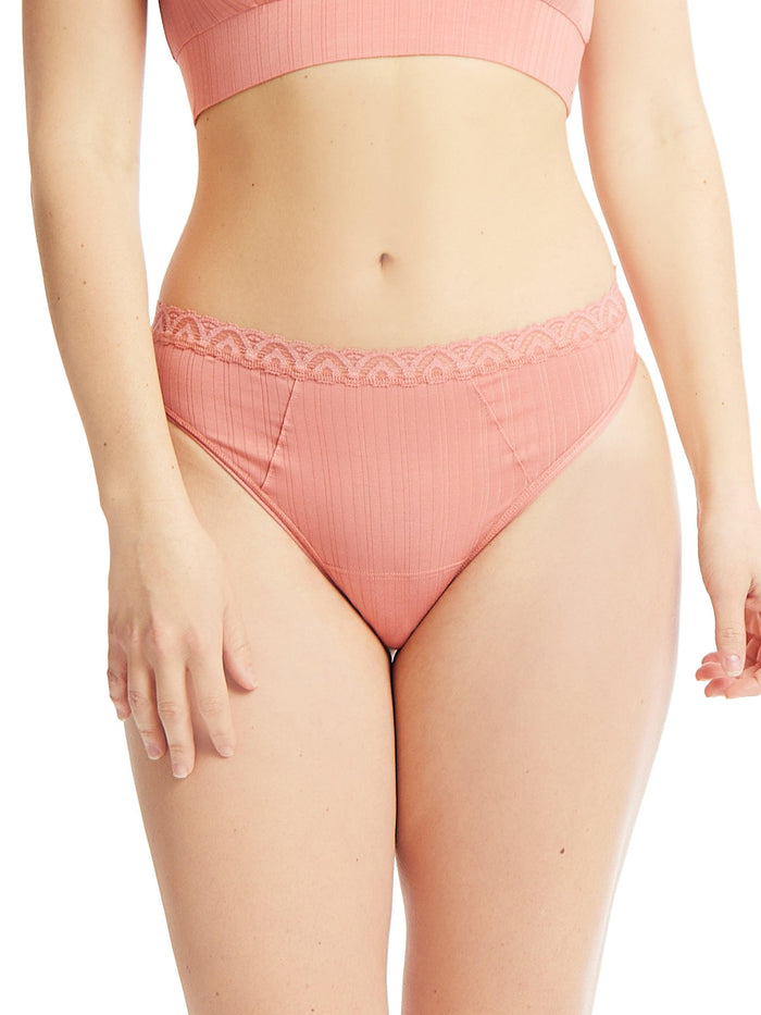Antique Rose MellowLuxe™ Low Rise Thong ribbed fabric with lace waistband - Front On-Model | Hanky Panky
