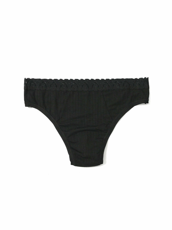 Black MellowLuxe™ Low Rise Thong lace trim detail - Flat Lay Front View | Hanky Panky