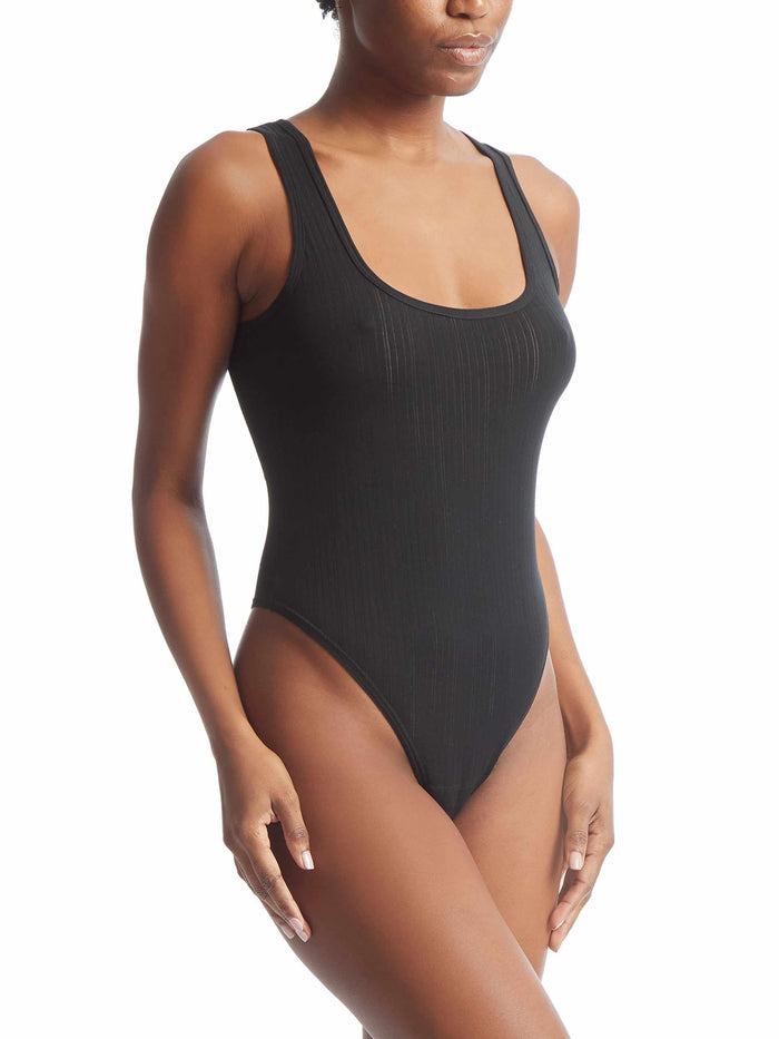 Black MellowLuxe™ Square Neck Bodysuit - Front Side View On Model | Hanky Panky