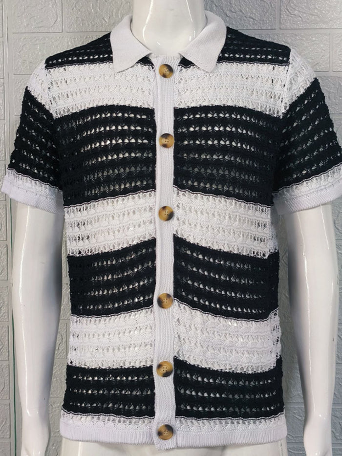 Men's Button Down Collared Neck Contrast Openwork Shirt Style