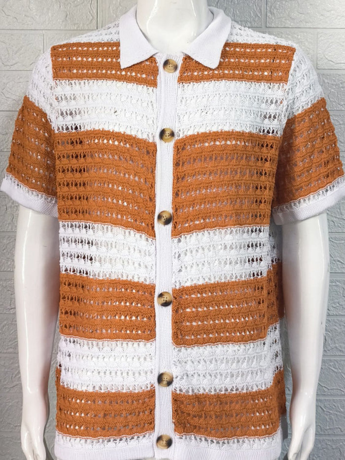 Men's Button Down Collared Neck Contrast Openwork Shirt Style