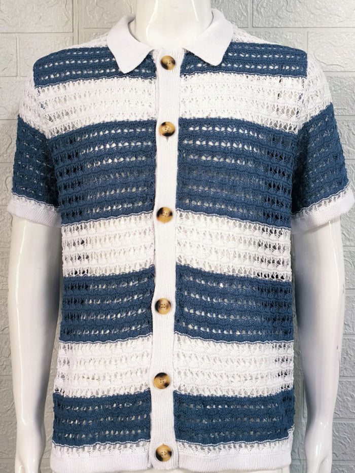 Men's Button Down Collared Neck Contrast Openwork Shirt Style