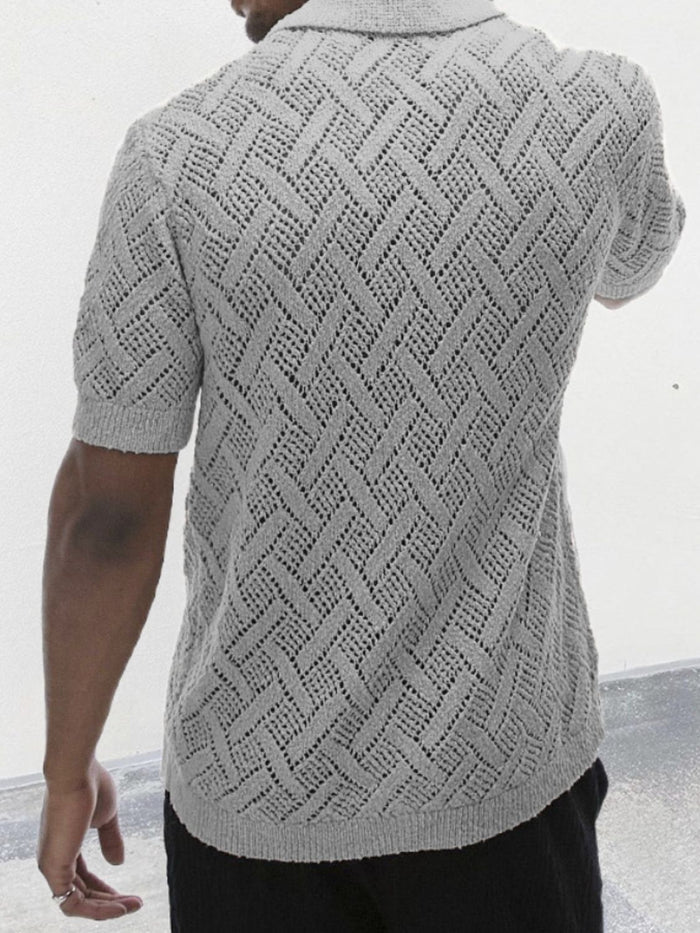 Men's Button Down Collared Neck Eyelet Knit Shirt Style