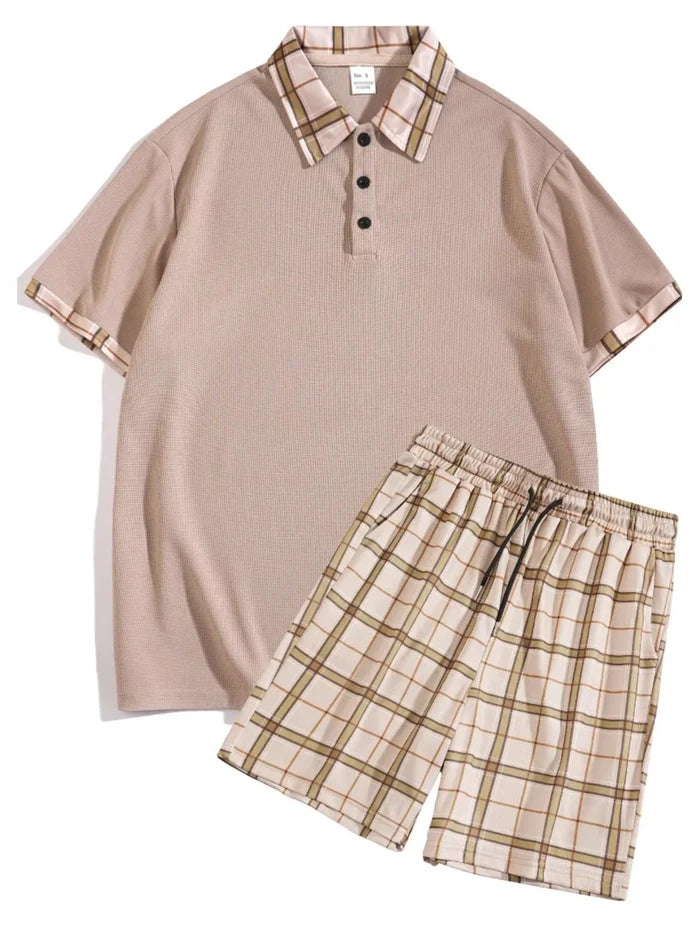 Men's Full Size Classic Plaid Collar Polo and Shorts Set Plus Size