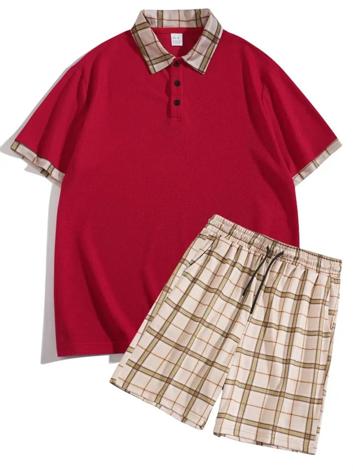 Men's Full Size Classic Plaid Collar Polo and Shorts Set Plus Size