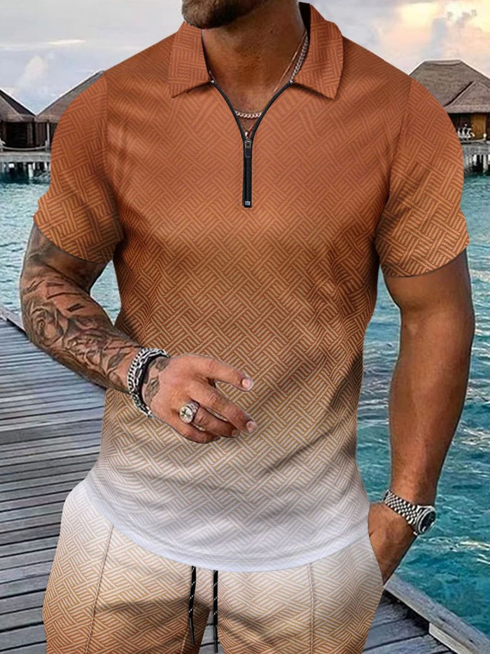 Men's Full Size Gradient Collared Neck Top and Shorts Set Plus Size